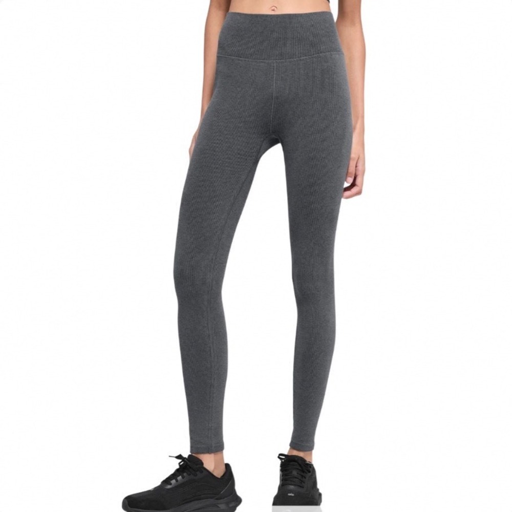 Alo Yoga Seamless‎ High-Waist Two Tone Rib Leggings Charcoal Grey Women Medium